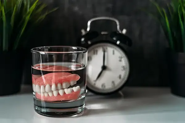 A pair of dentures soaking in a glass of water placed on a counter with an alarm clock in the background, symbolizing proper denture care.