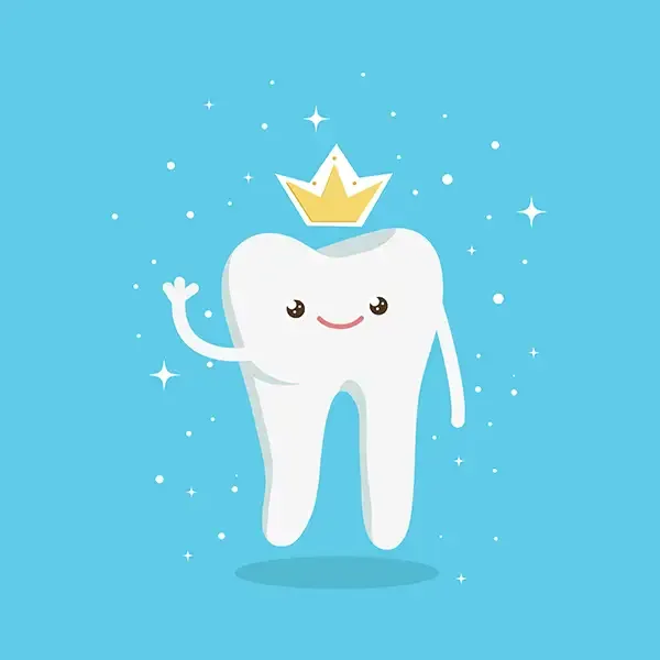 A happy tooth wearing a crown on a blue background, symbolizing pediatric dental crowns in a fun and engaging way.